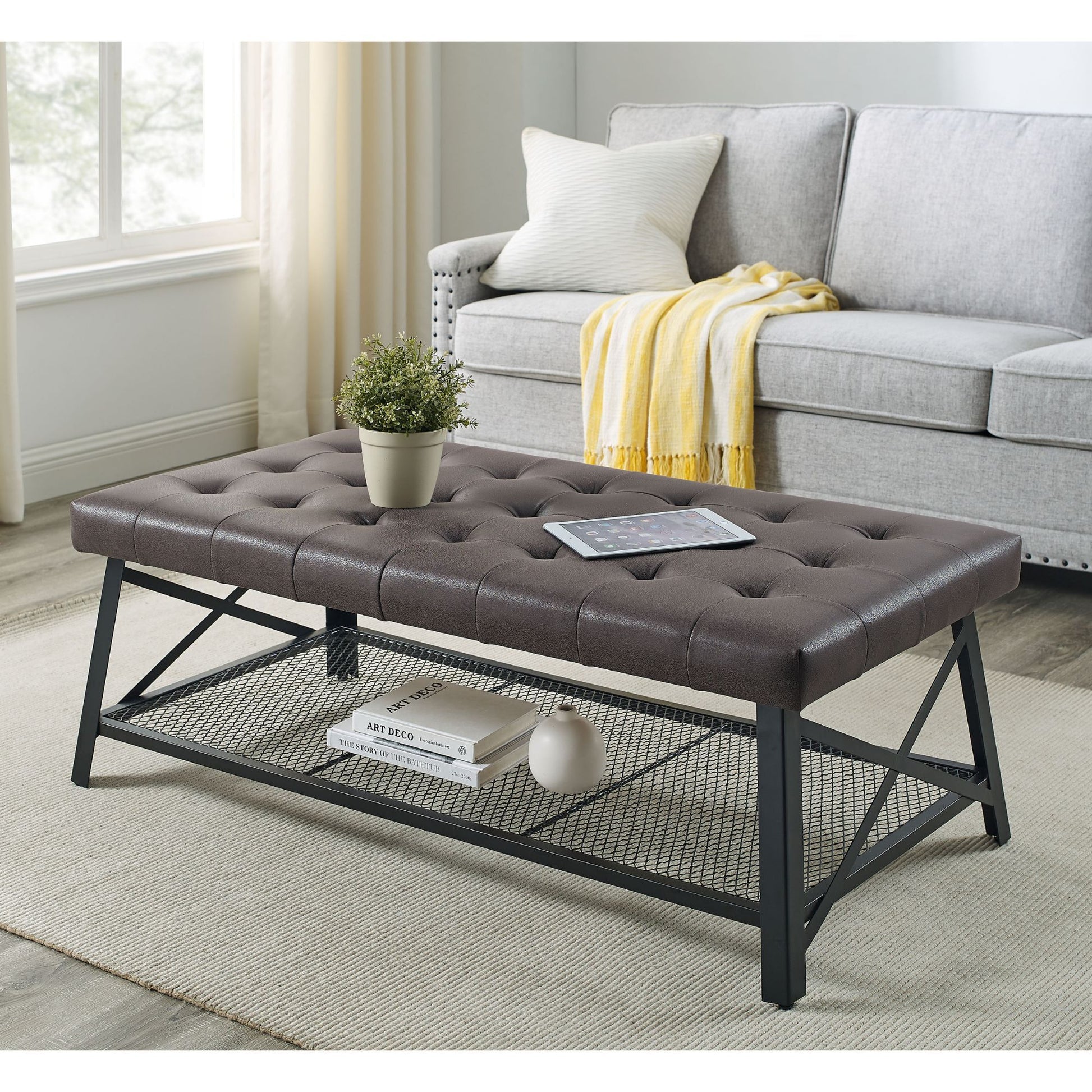 Upholstered Coffee Table With Rack - Dark Brown