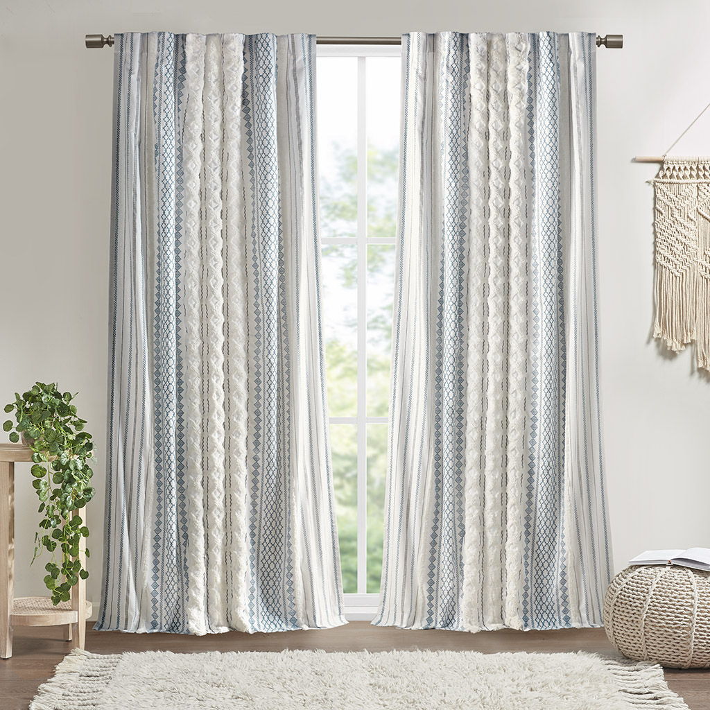 Imani - 50x108" Printed Curtain Panel With Stripe And Lining - White/Navy