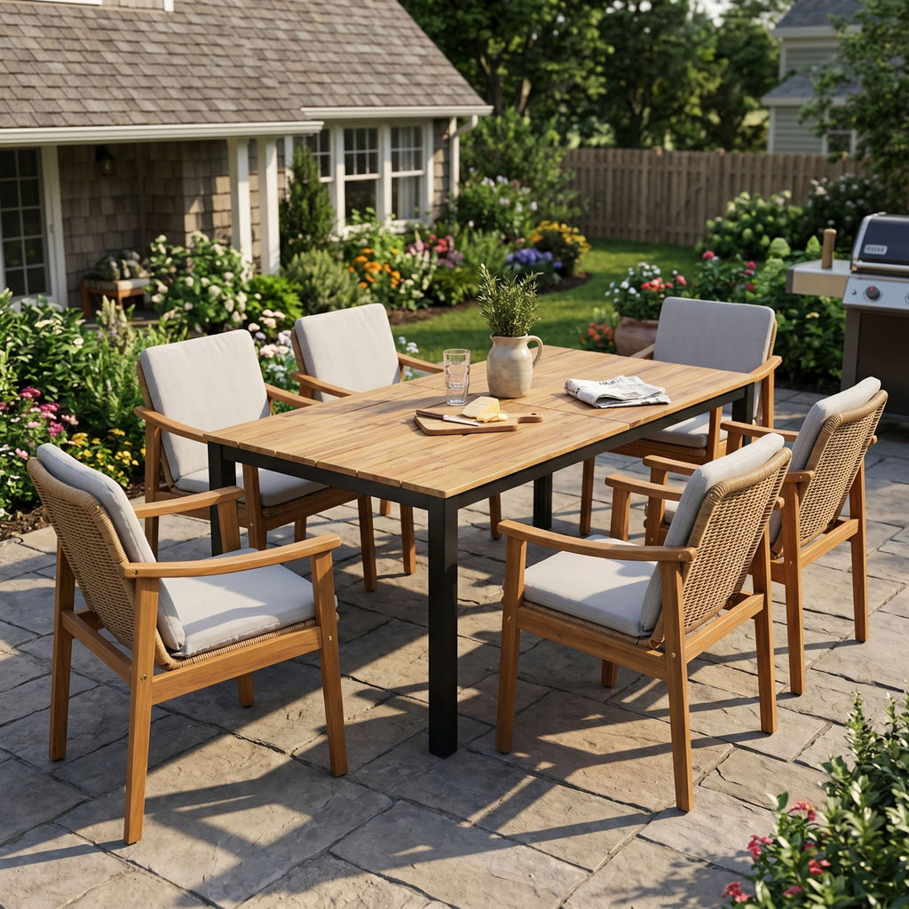 7 Piece Outdoor Patio Dining Set With & 6 Arm Chairs