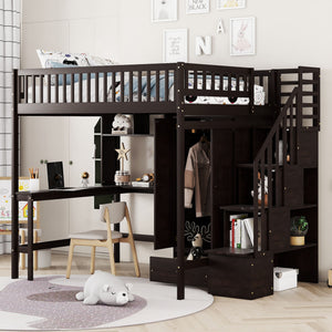 Loft Bed With Bookshelf, Drawers, Desk, And Wardrobe
