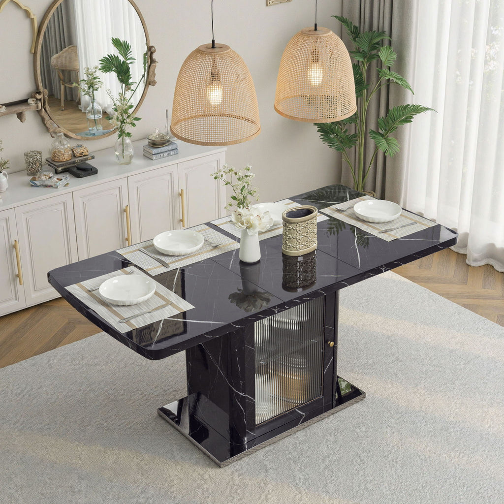 Modern Rectangle Dining Table With Stretchable Top, Storage Cabinet