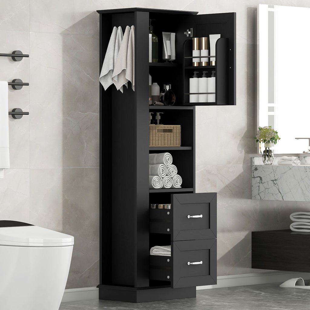 Freestanding Bathroom Storage Cabinet With Adjustable Shelves And Side Hooks Board, Rectangle Design