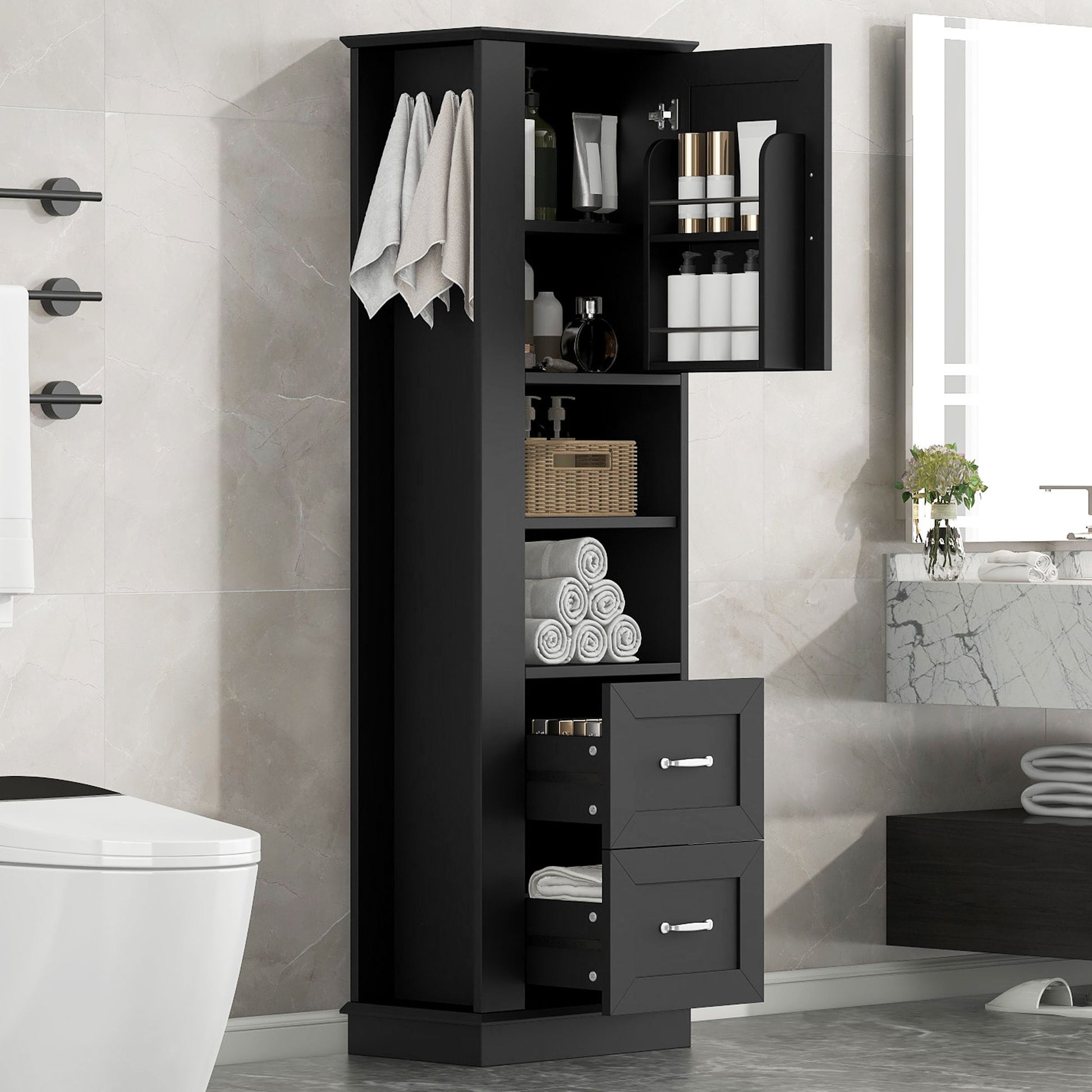 Freestanding Bathroom Storage Cabinet With Adjustable Shelves And Side Hooks Board, Rectangle Design