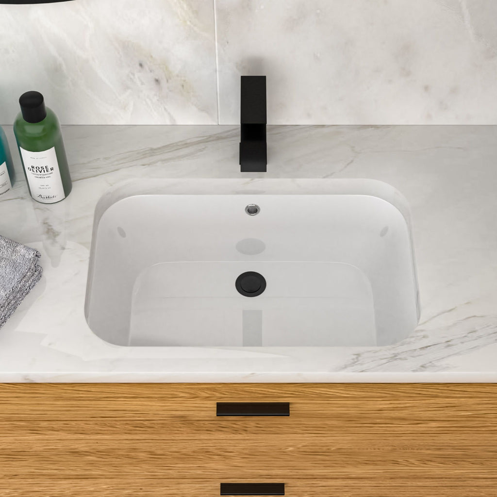 Undermount Bathroom Sink 22" X 15.25" With Overflow Sleek, High Temperature Fired, Stain Resistant, Smooth Polished Surface - White