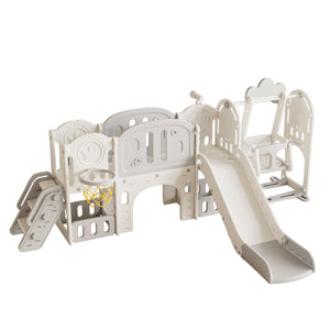 Toddler Slide, 11 In 1 Indoor Outdoor Playground With Basketball Hoop - Gray / Ivory