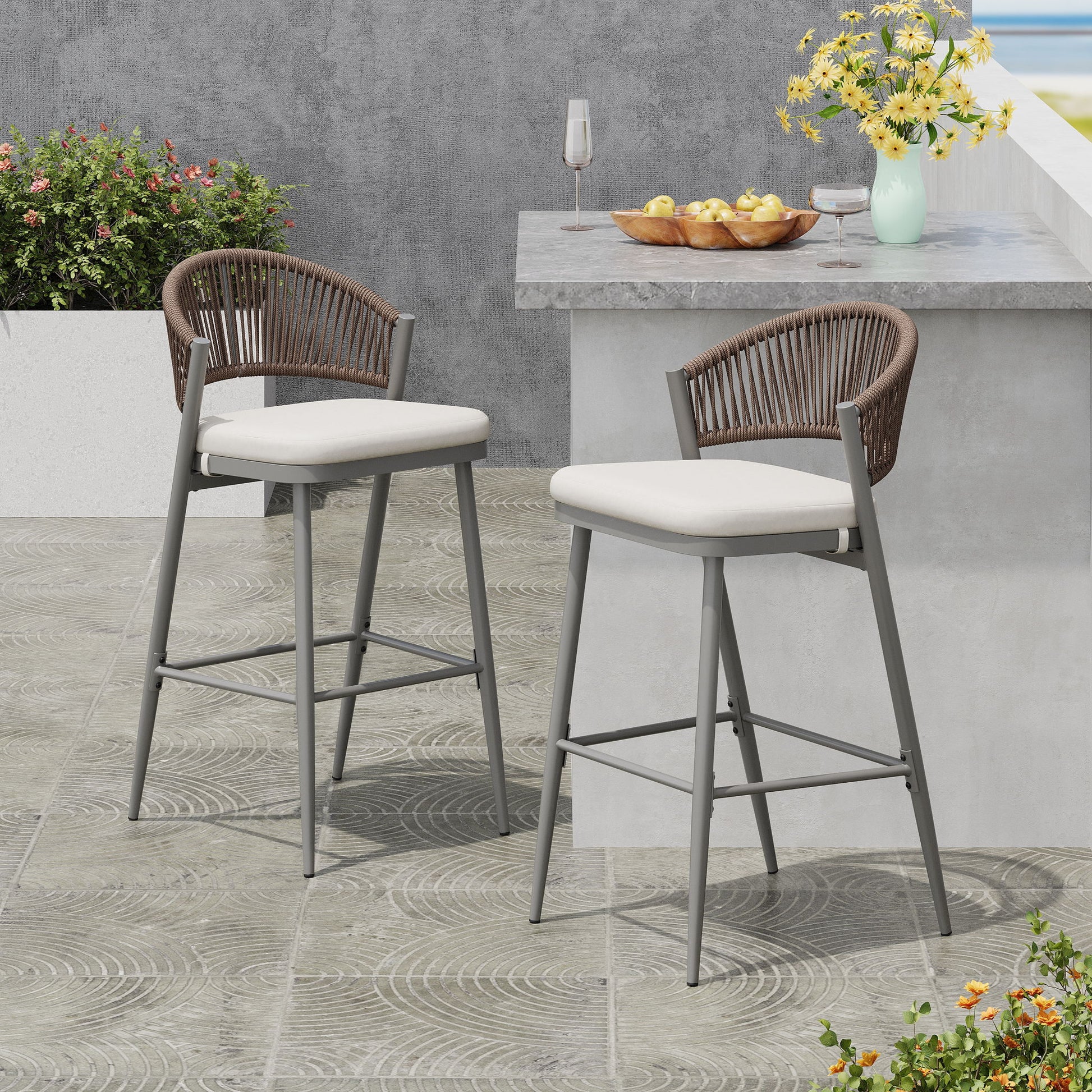 Outdoor Bar Height Metal Frame Counter Stools With Scallop Shaped Backrest & Water Resistant Cushions