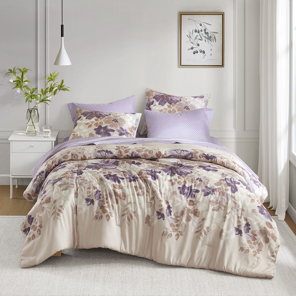 Luna - 7 Piece Full Floral Comforter Set With Bed Sheets - Taupe