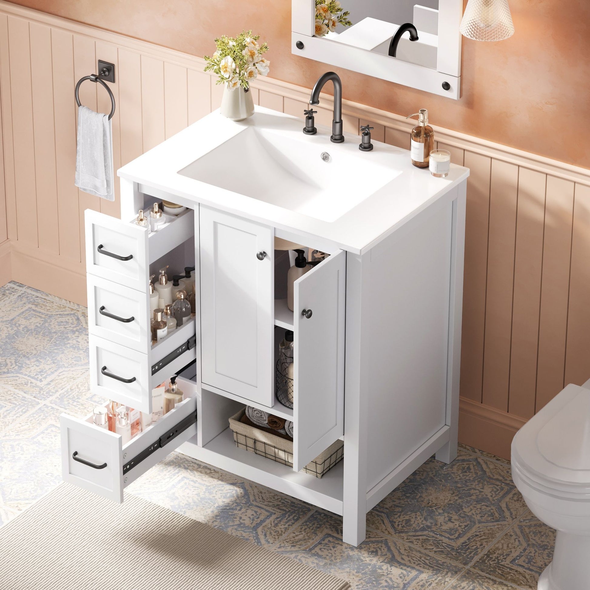 Bathroom Vanity With Sink Top, Bathroom Vanity Cabinet With 2 Doors And 2 Drawers, Open Shelf