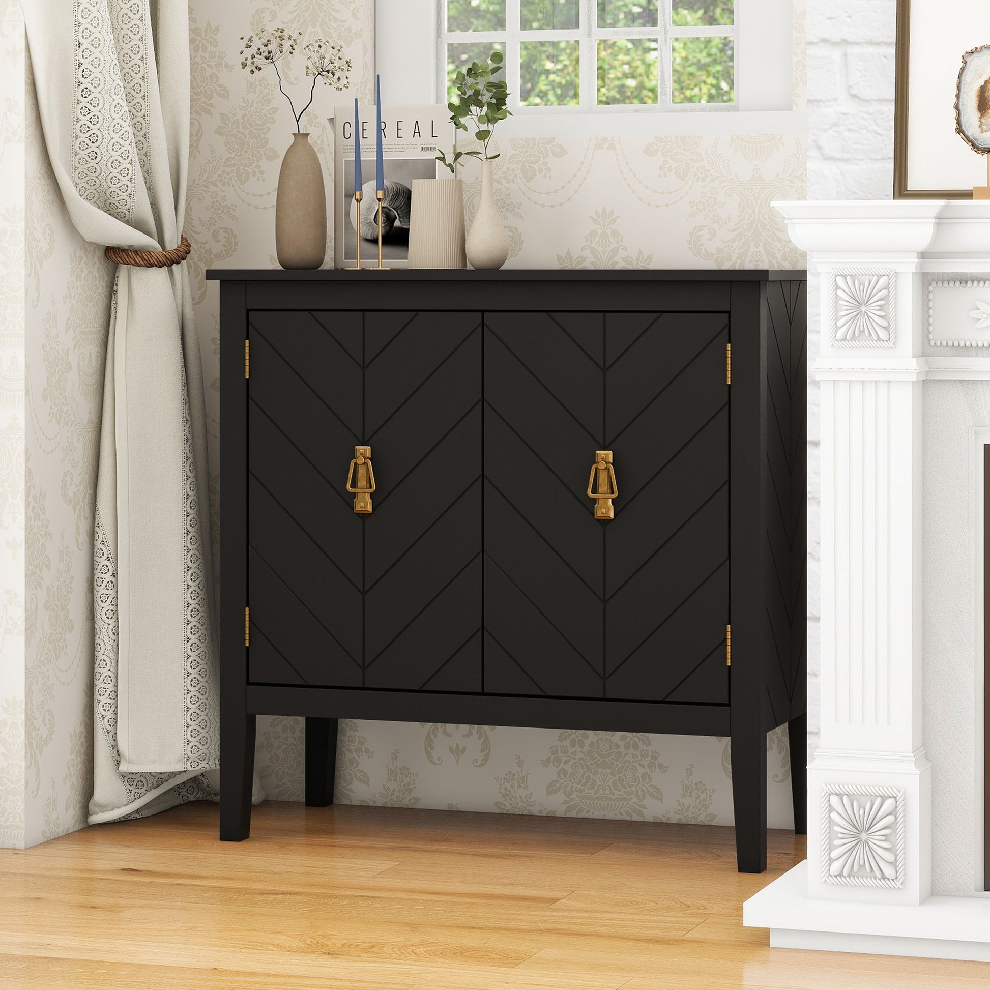 Vintage Style 2 Door Wooden Sideboard Cabinet For Living Room, Dining Room, Or Office - Black Wood