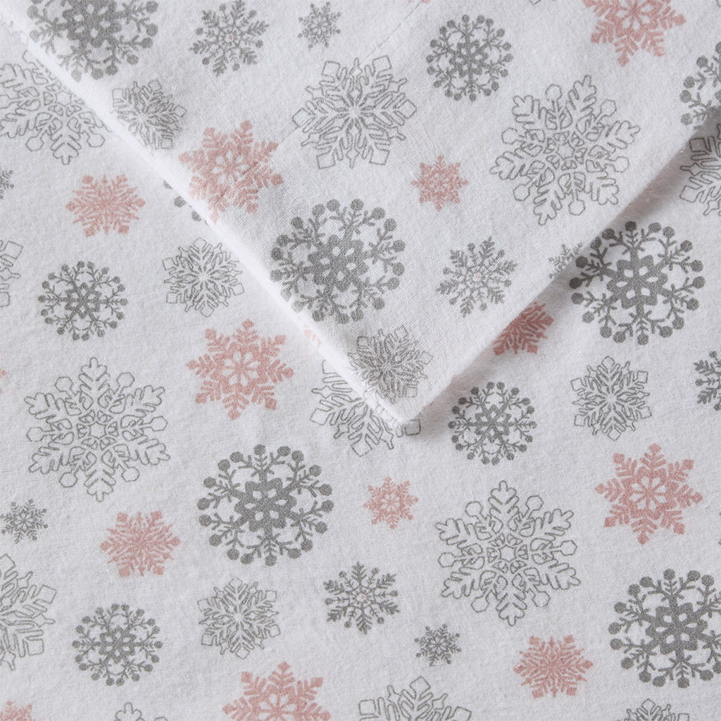 Cozy Flannel - Queen Sheet Set - Pink / Gray Snowflakes
