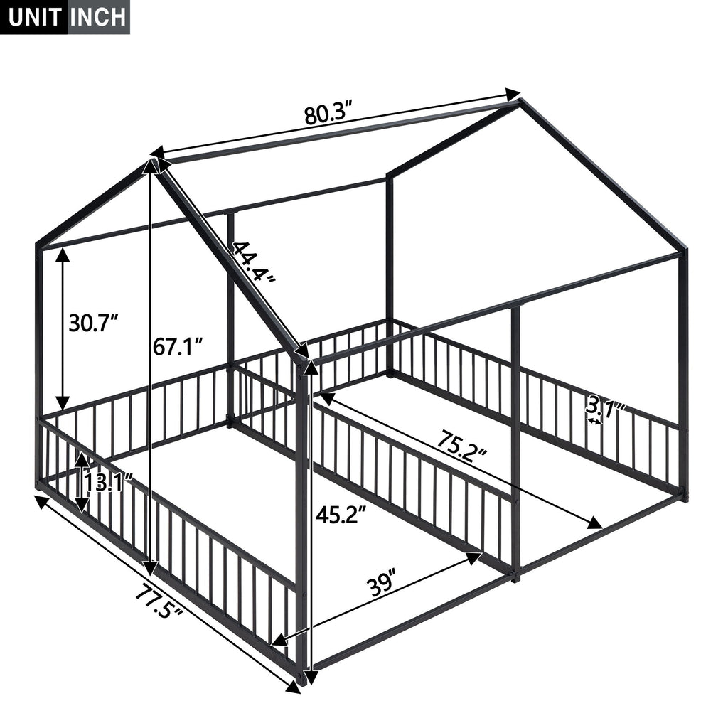 House Platform Beds, 2 Shared Beds, Metal Frame With Guardrails