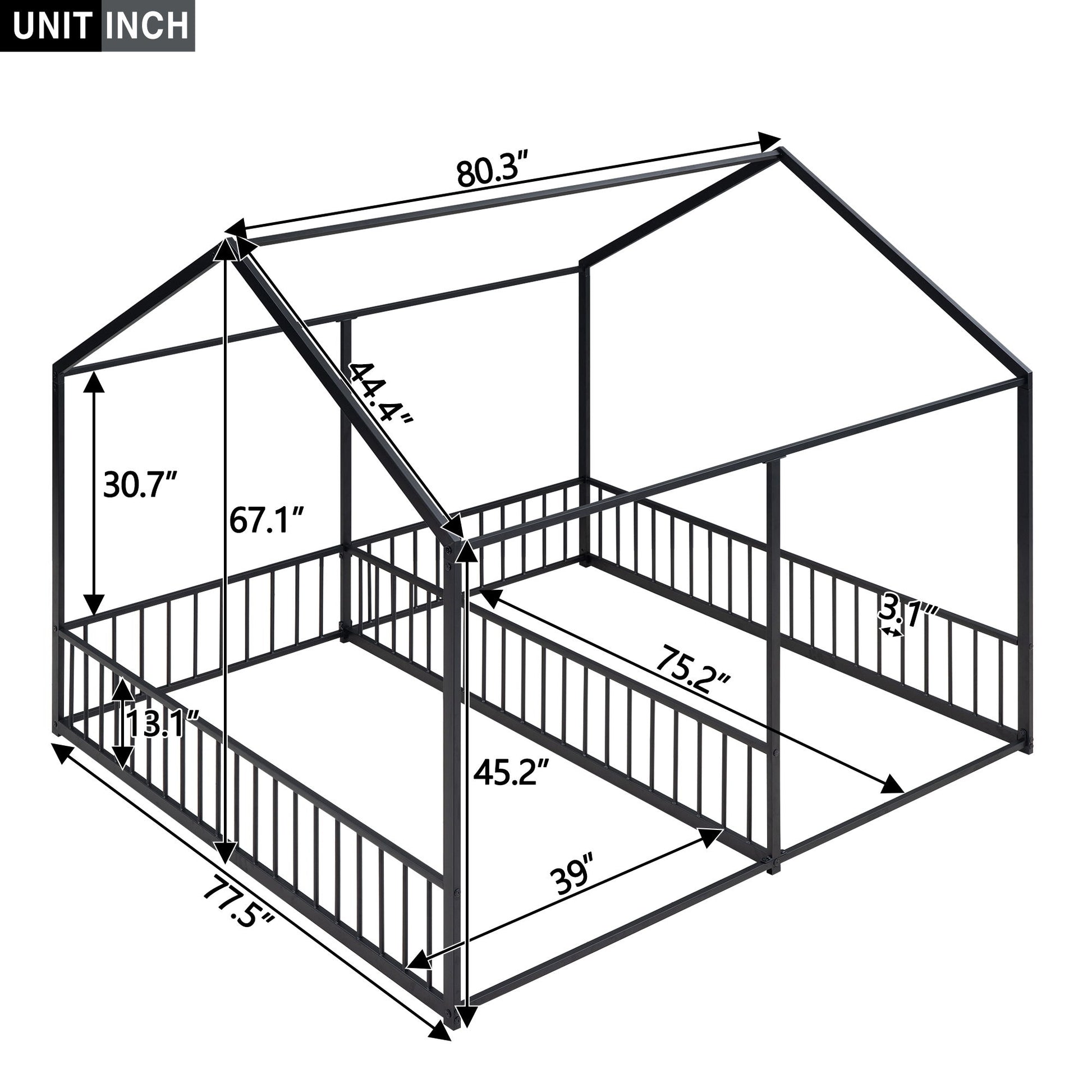 House Platform Beds, 2 Shared Beds, Metal Frame With Guardrails