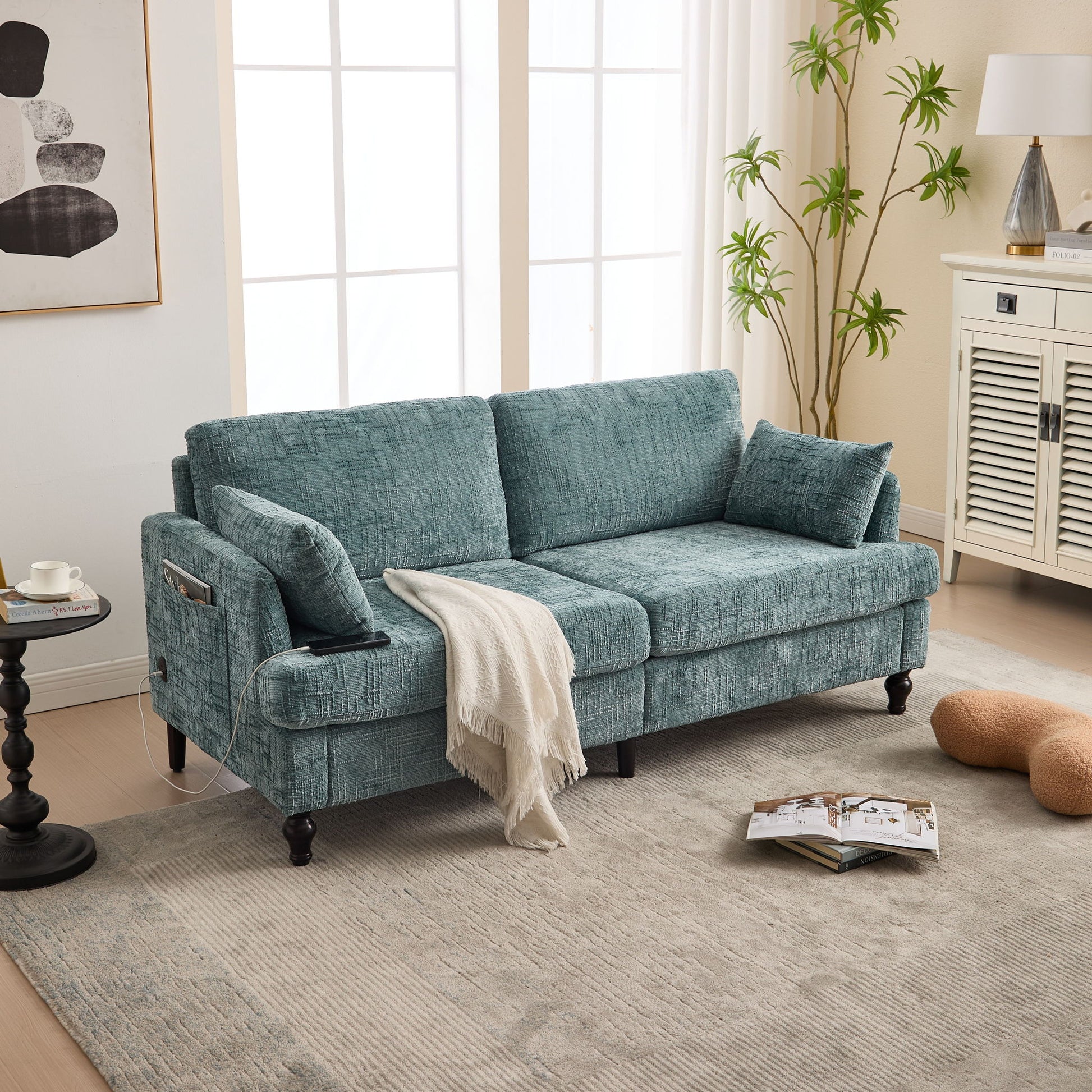 Chenille 2 Seater Sofa With LED Light, USB Charging Port, And Storage Bag