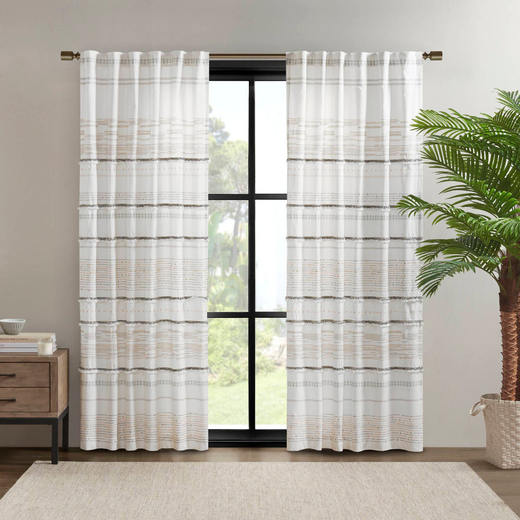 Nea - Printed Window Panel With Tassel Trim And Lining - Off White / Gray