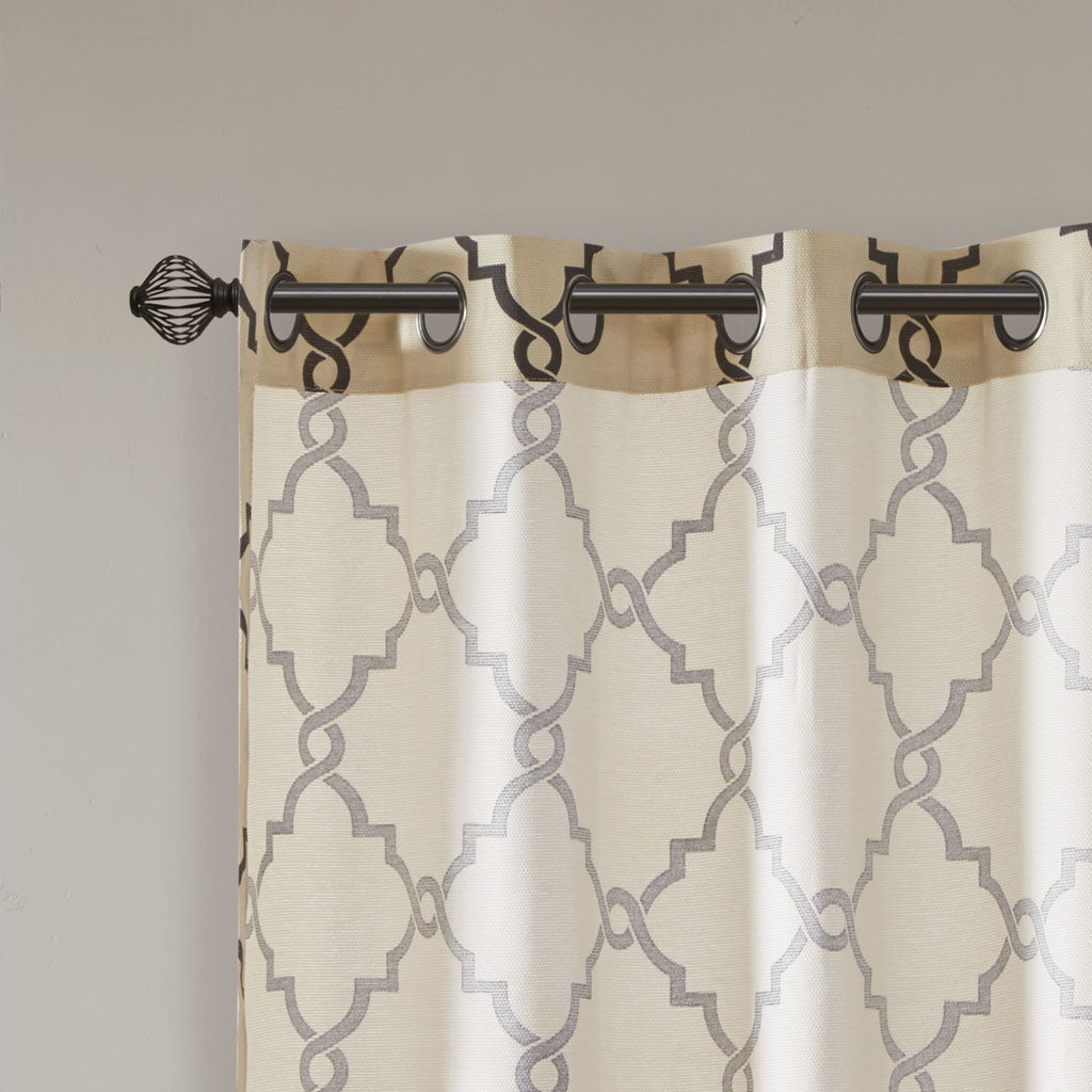 Saratoga - 108" Fretwork Print Grommet Top Window Curtain - Khaki
