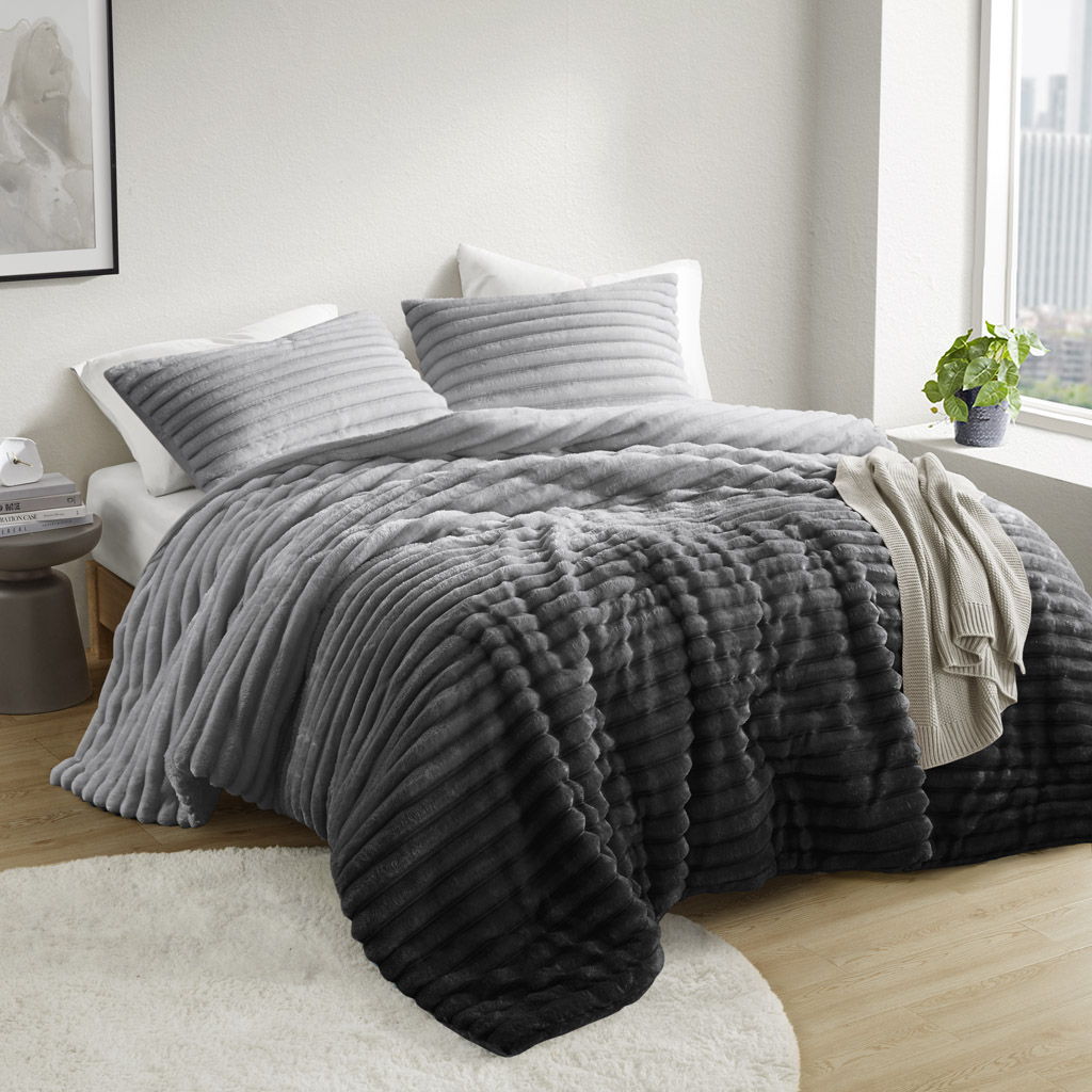Avril - Twin/Twin Long Fluffy Ribbed Plush Comforter Set - Gray Ombre
