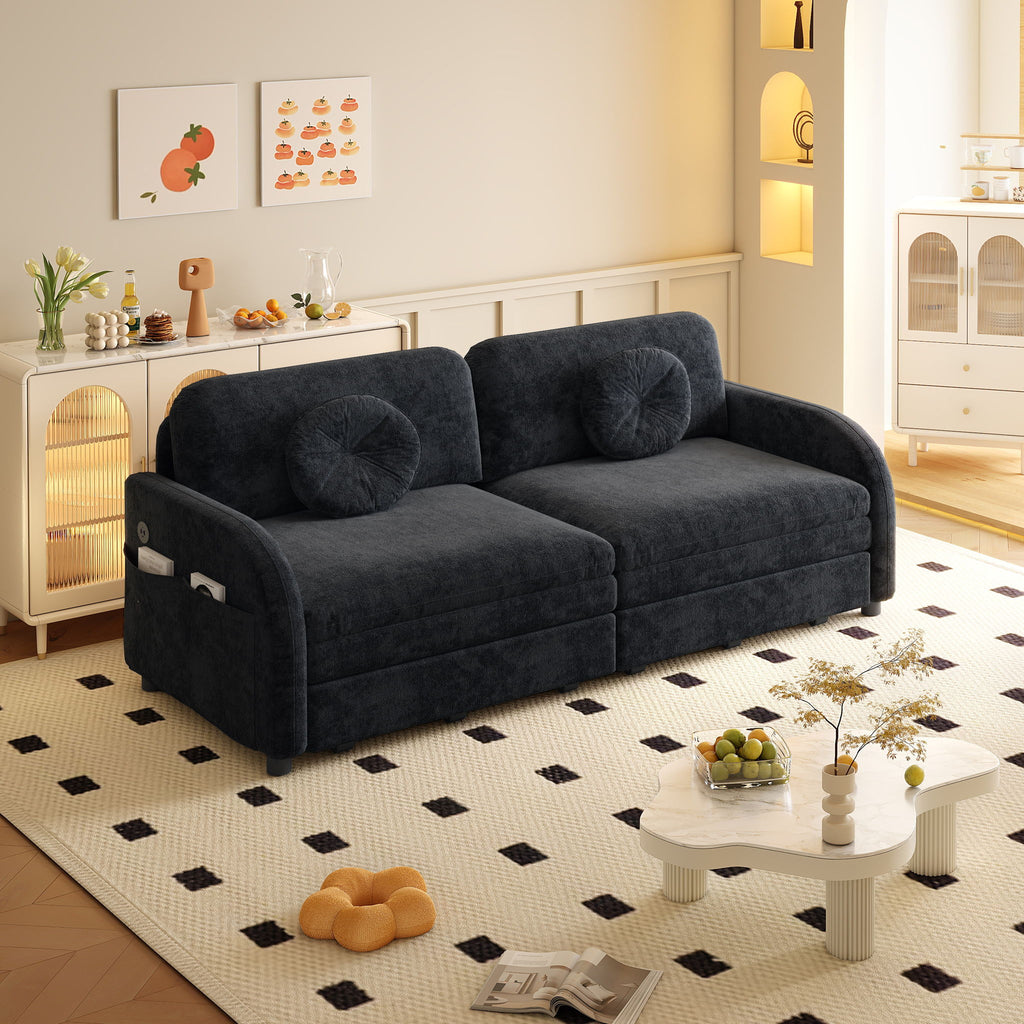 Upholstered Pull Out Couch With Side Pocket & USB Port
