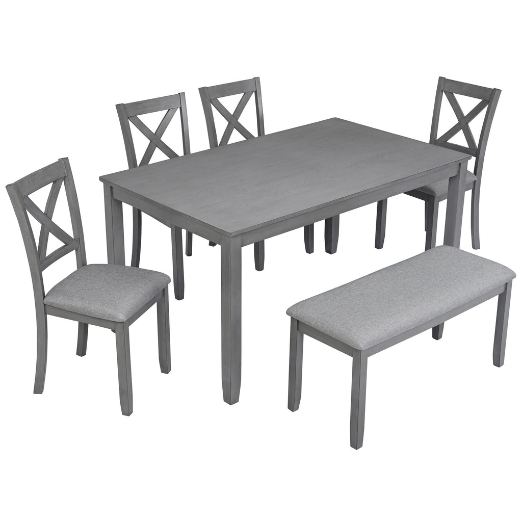6 Pieces Kitchen Dining Set, Rectangular Wooden Dining Table With 4 Chairs And A Bench