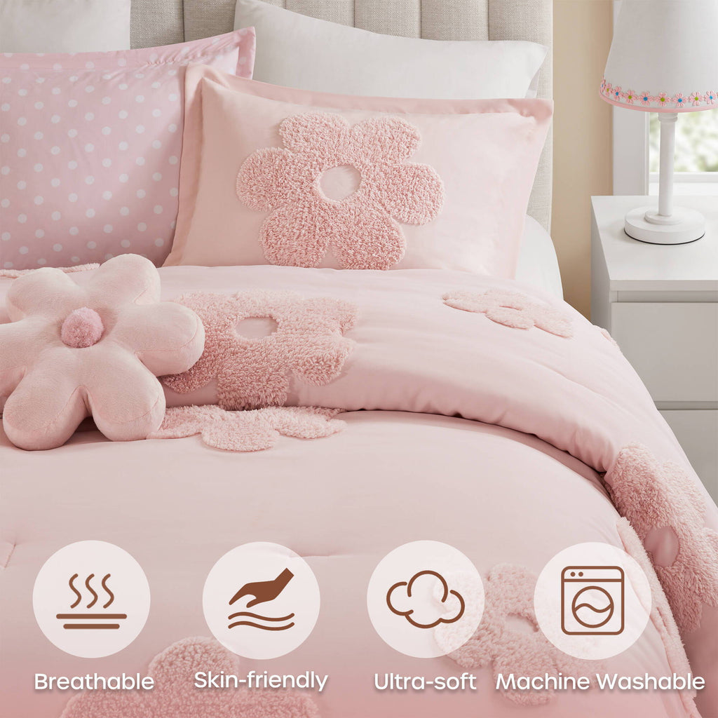 Gracie - Full/Queen Floral Reversible Comforter Set With Flower Throw Pillow - Pink