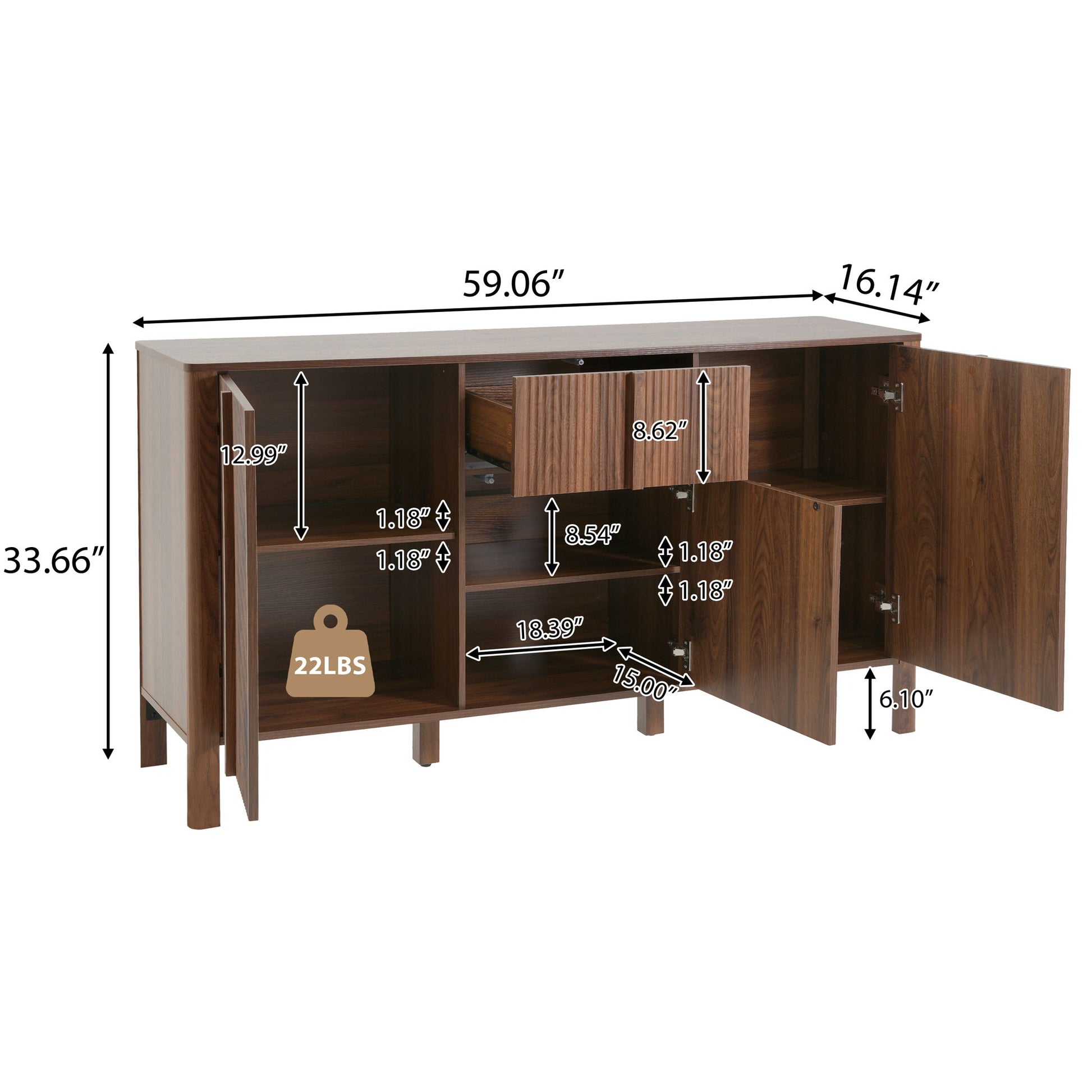 Colored Fluted Sideboard With 3 Doors And 1 Drawer