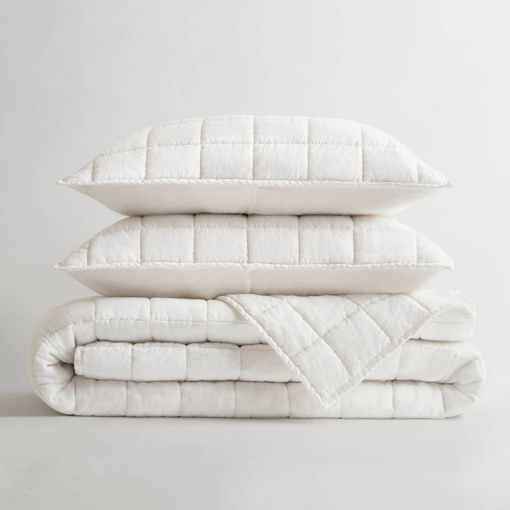 100% Linen - King/California King Linen Garment Washed Quilt Set - White
