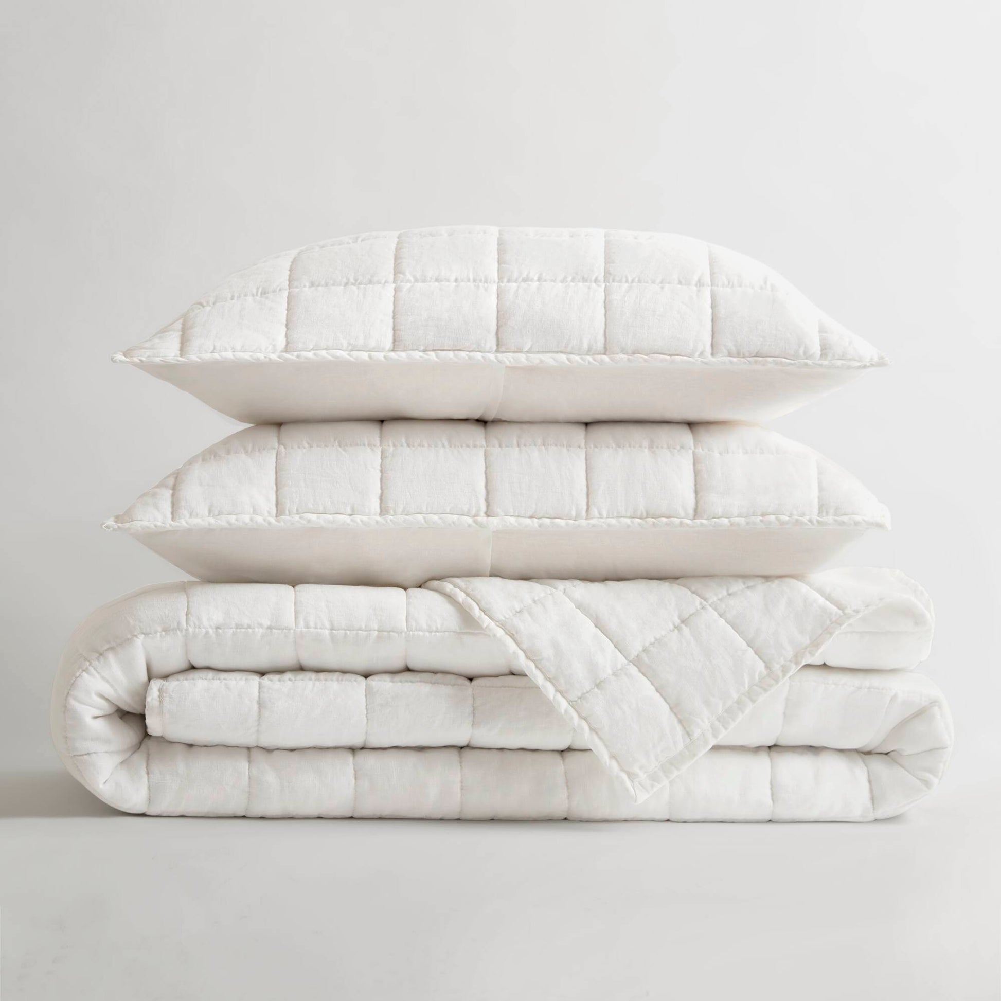 100% Linen - King/California King Linen Garment Washed Quilt Set - White