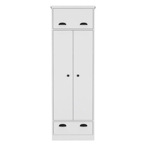 Dresser Closet With Upper Storage Covered With 1 Door, 2 Central Shelves, 1 Tube For Hanging Clothes Covered By 2 Doors, 1 Drawer At The Bottom - White