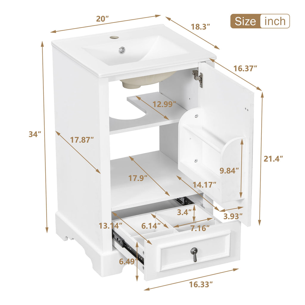 Bathroom Vanity With Sink, Soft Close Door, Adjustable U-Shaped Shelf