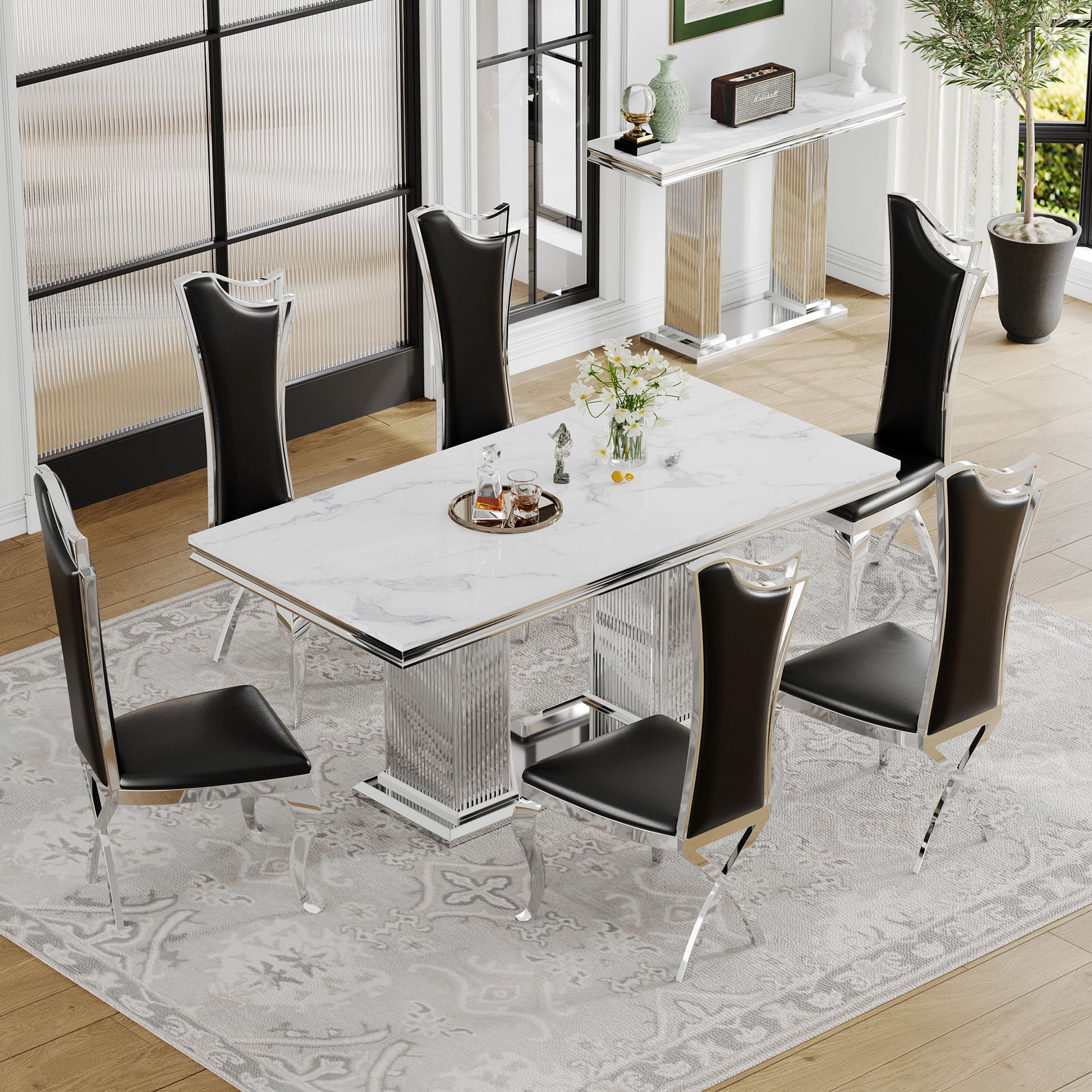 Marble Printed Top Rectangular Dining Table, Stainless Steel Base With Mirrored Finish