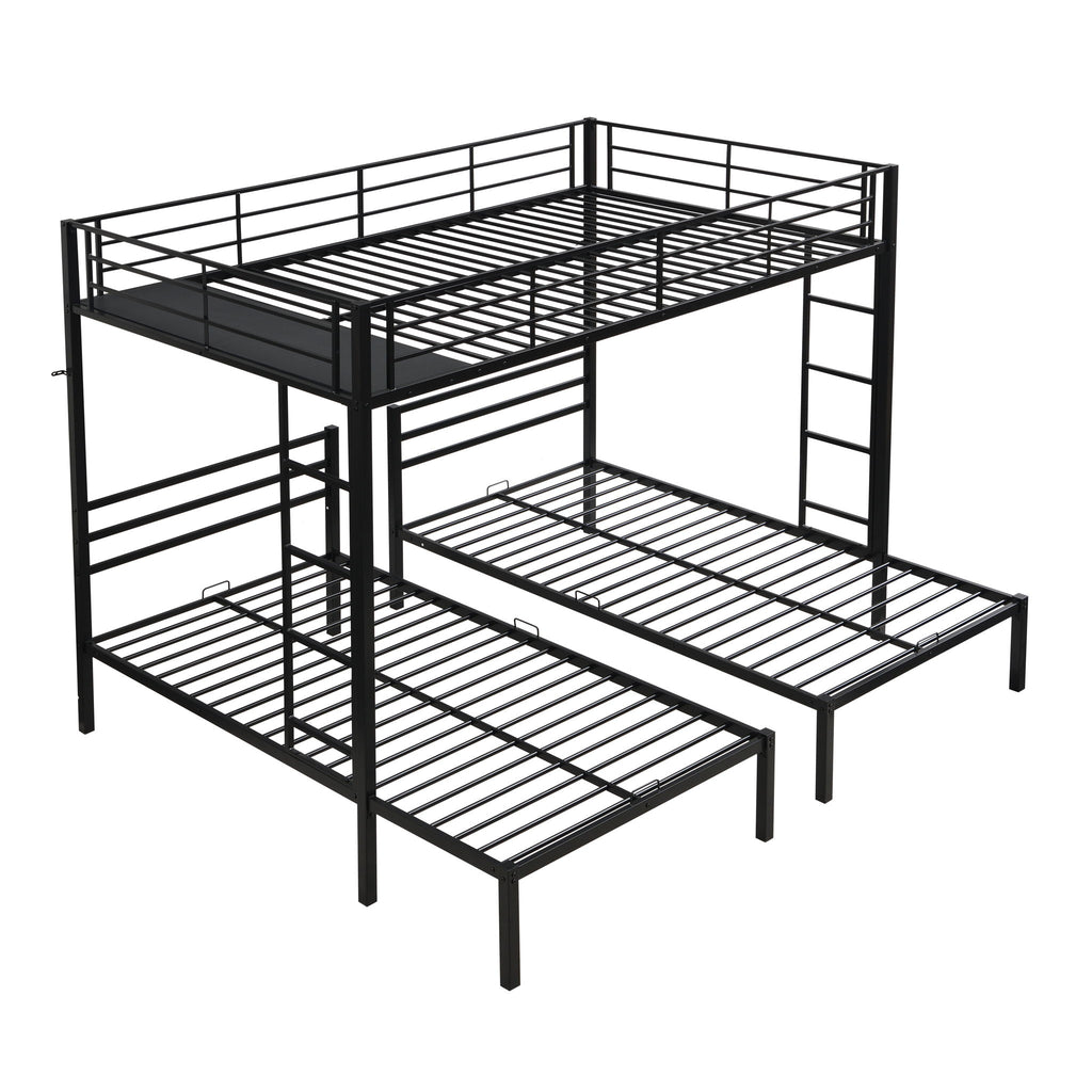 Modern Metal Triple Bunk Bed With Vertical Ladder, Safety Rail, And Storage Shelf - Black