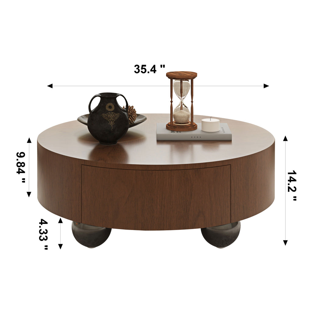 Drum Shaped Coffee Table With Hidden Storage Drawer, Low Profile For Living Room - Walnut