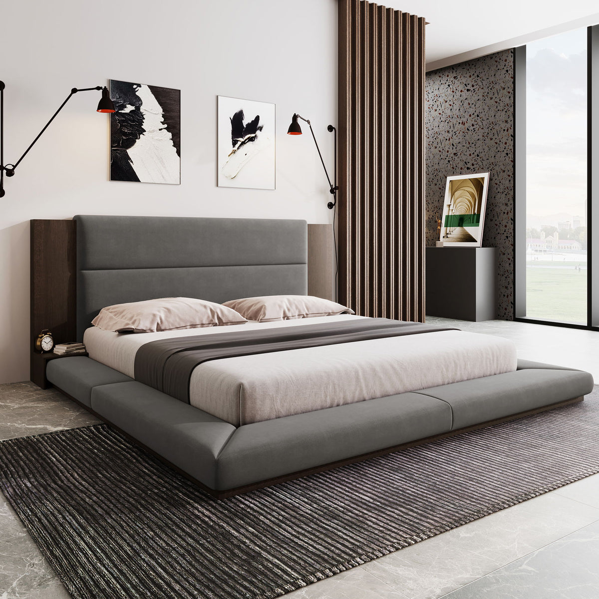 Floor Upholstered Platform Bed With Extended Headboard & Bedside Shelf