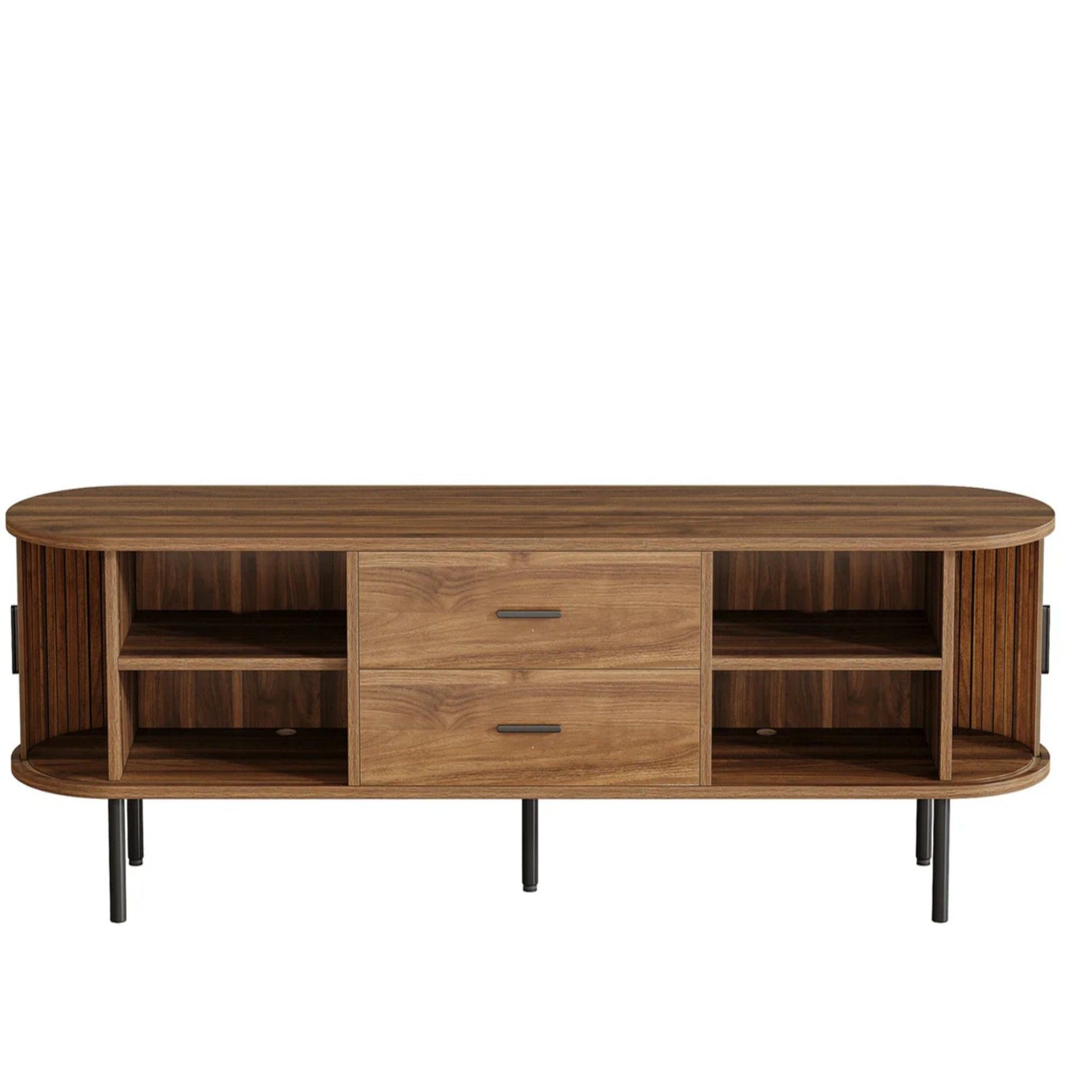 Fluted TV Stand With Tambour Sliding Doors - Walnut