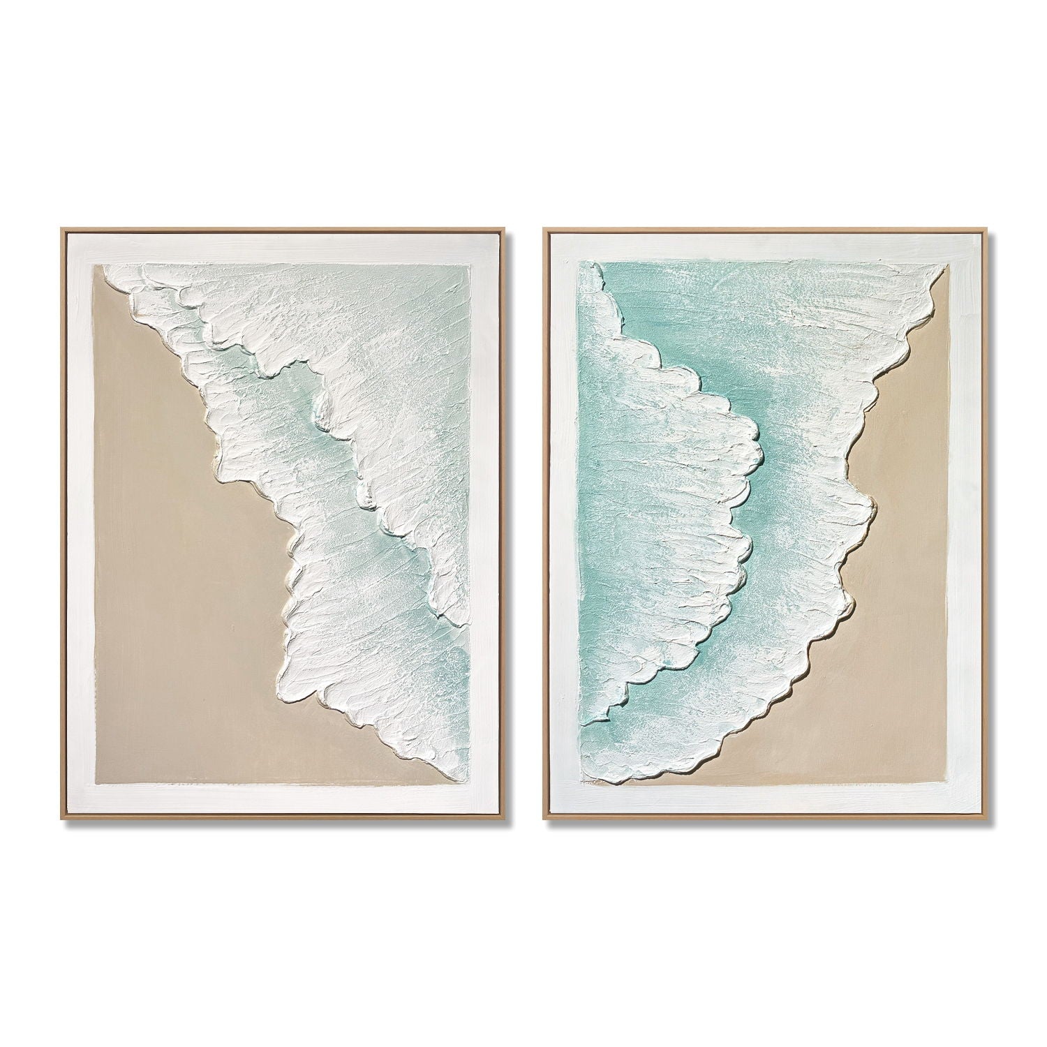 Framed Ocean Wave Wall Art, Textured Canvas Painting, Beach Decor For Living Room (Set of 2) - Aqua Blue