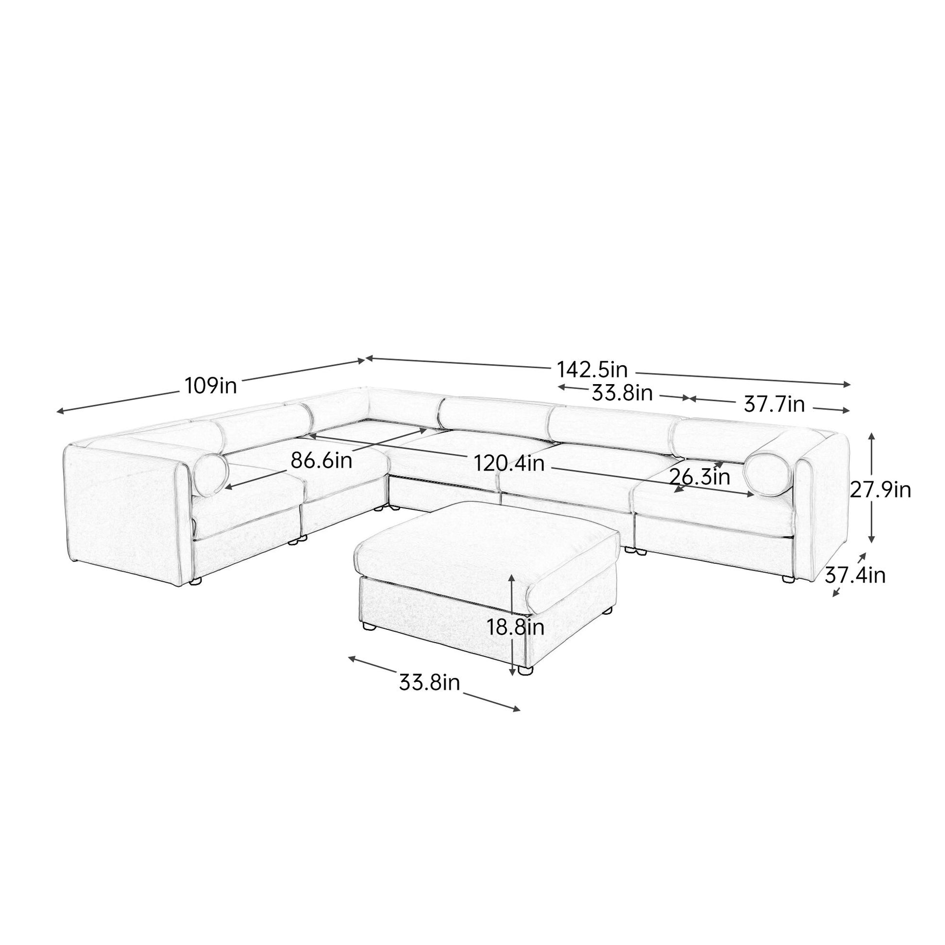Contemporary Elegant White Chenille Sofa With Storage And Ottoman
