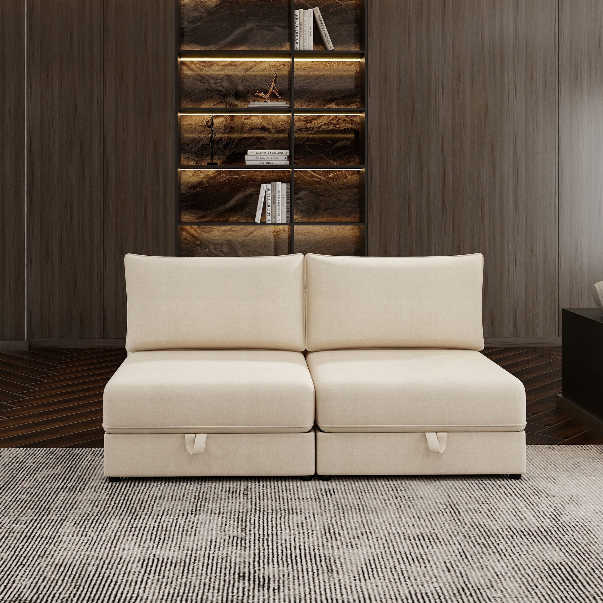 Modular Sectional Sofa With Storage, Convertible 2 Seater Sleeper Sofa - Beige