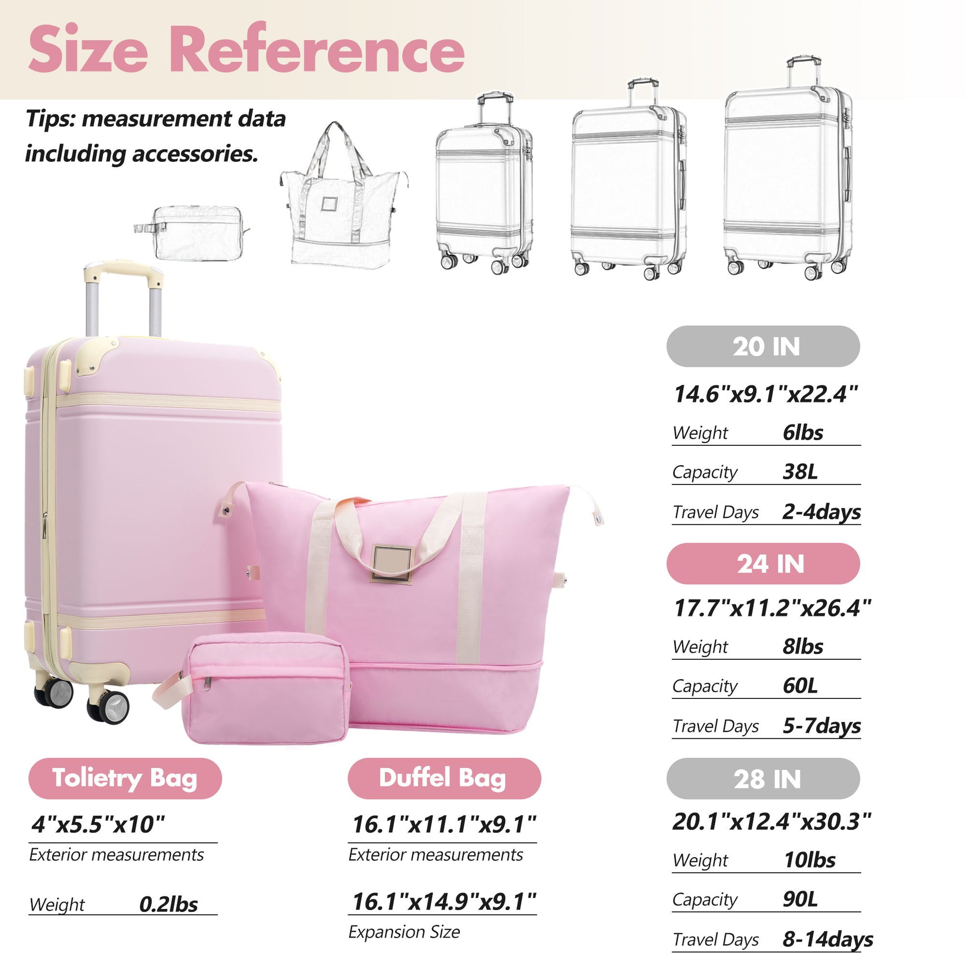 Hardshell Luggage Set With Double Spinner Wheels, Tsa Lock, Lightweight Suitcase, 24" With Bags - Light Pink