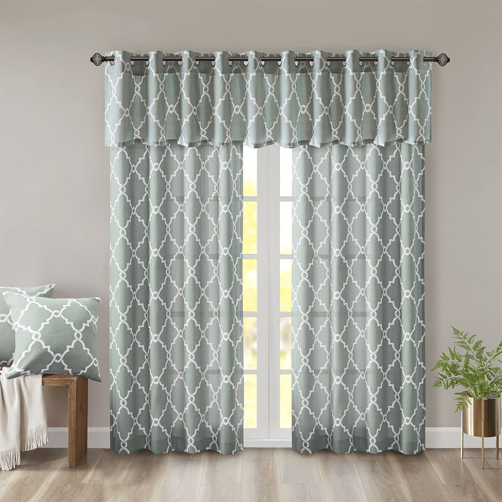 Saratoga - 18" Fretwork Print Grommet Top Window Valance - Seafoam