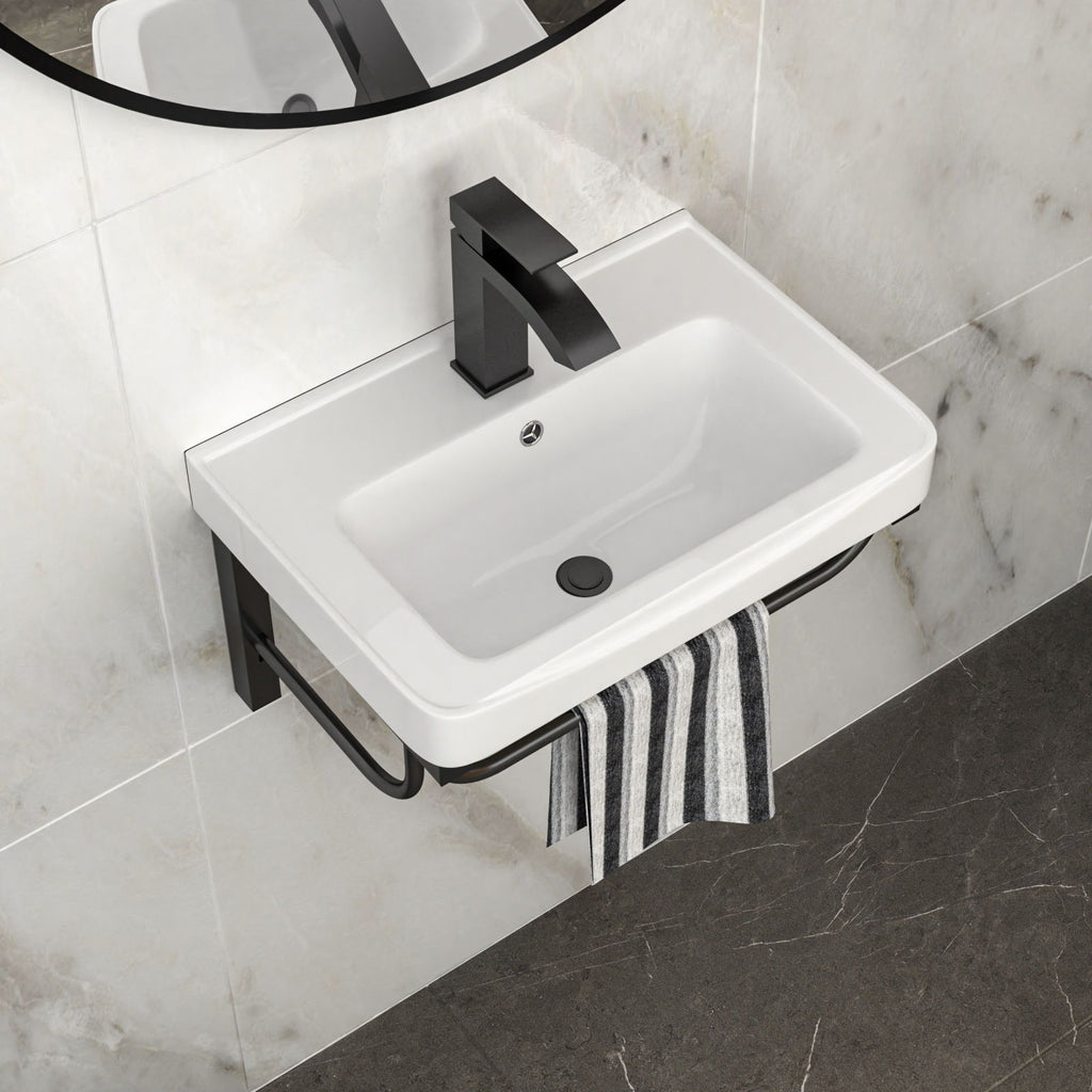 Wall Mounted Rectangular Bathroom Sink With 304 Stainless Steel Towel Bar & Overflow - White