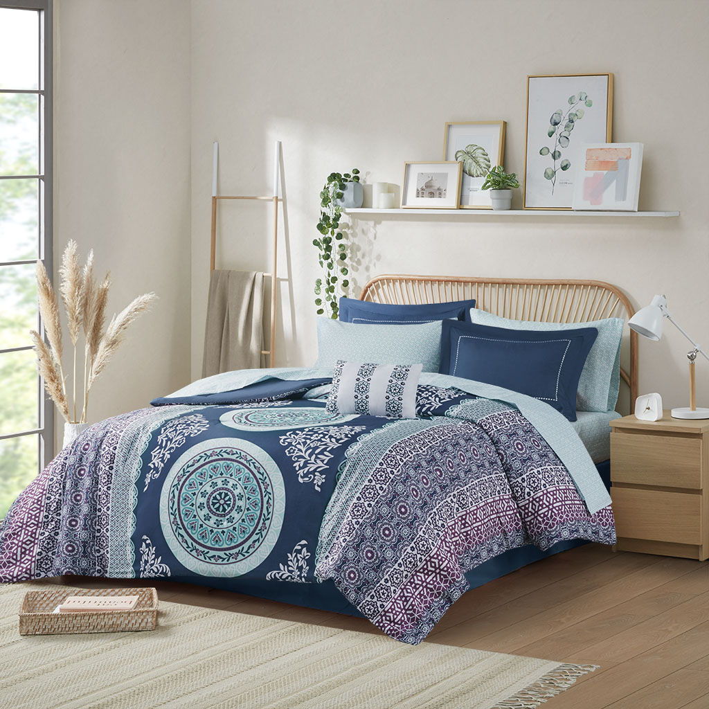 Loretta - Twin Long Comforter And Sheet Set - Navy