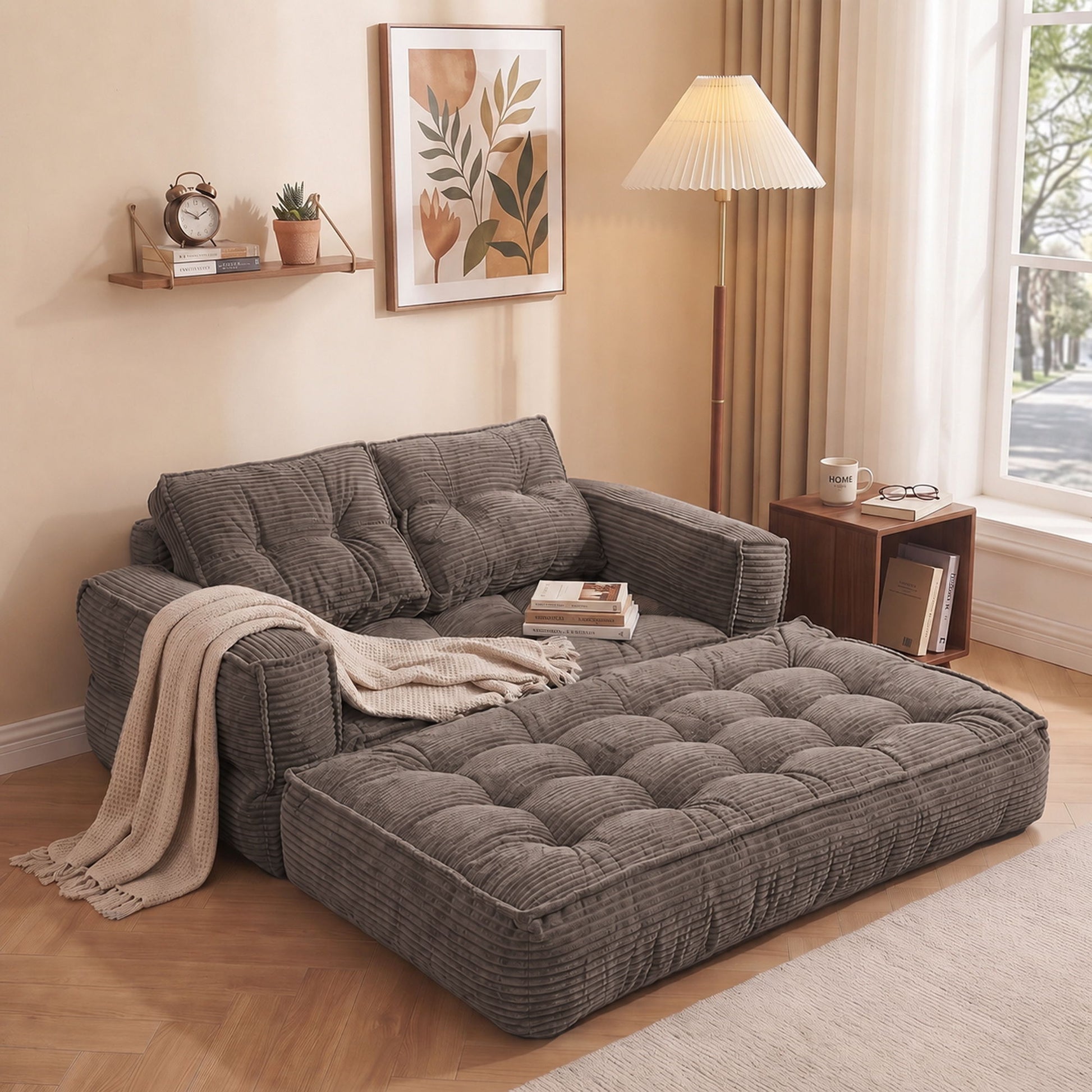 2 Seater Modular Corduroy Sofa With Chaise Lounge For Living Room