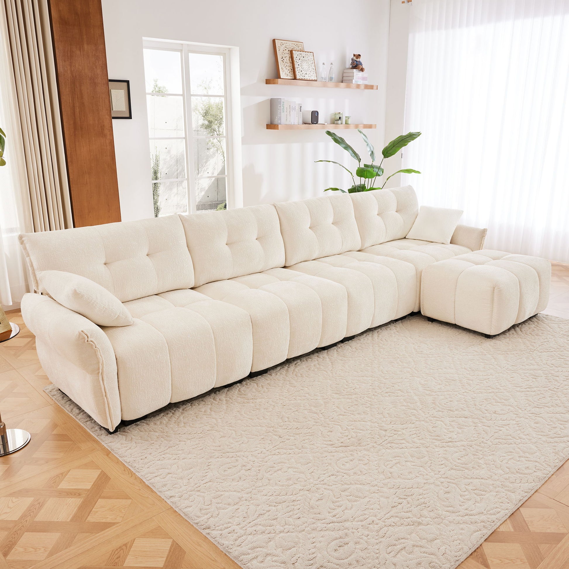 Sofa Set With Ottoman And Pillows, Textured, High Resilience Cushions