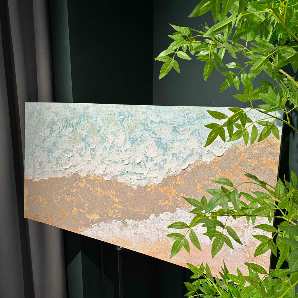Neutral Beach Landscape Canvas Wall Art, Hand Painted Thick Textured Painting, Decor For Living Room - Beige / Blue