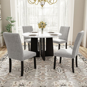 5 Piece Round Dining Table Set, Dining Table And 4 Upholstered Chairs For Dining Room, Kitchen Room, Living Room - White / Gray