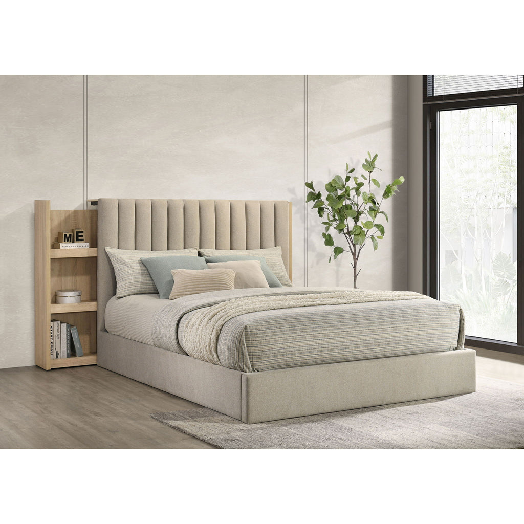 Merritt - Queen Bookcase Storage Bed With Tufted Headboard - Light Oak / Light Tan