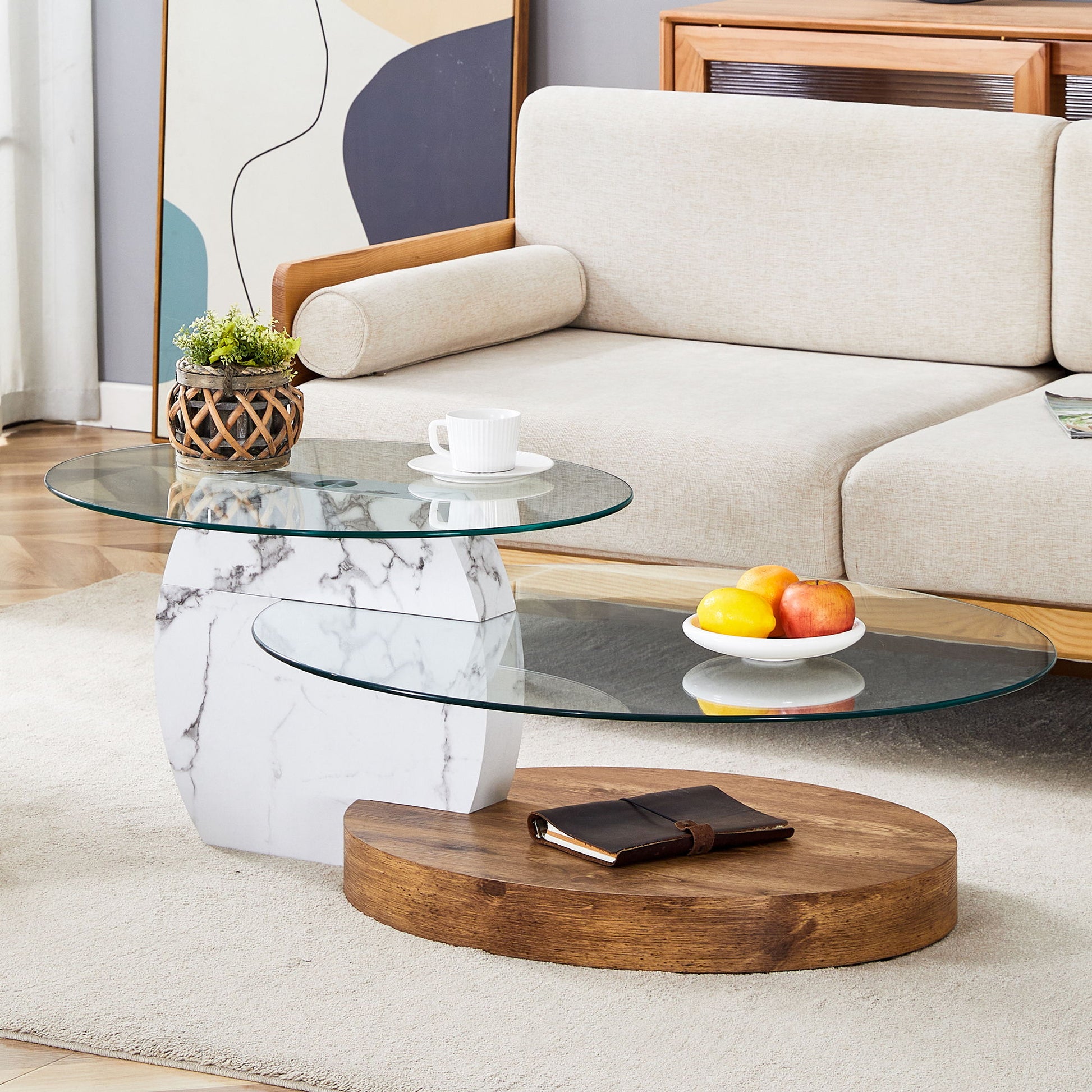 Contemporary Artistic Double Layer Coffee Table,Tempered Glass Top