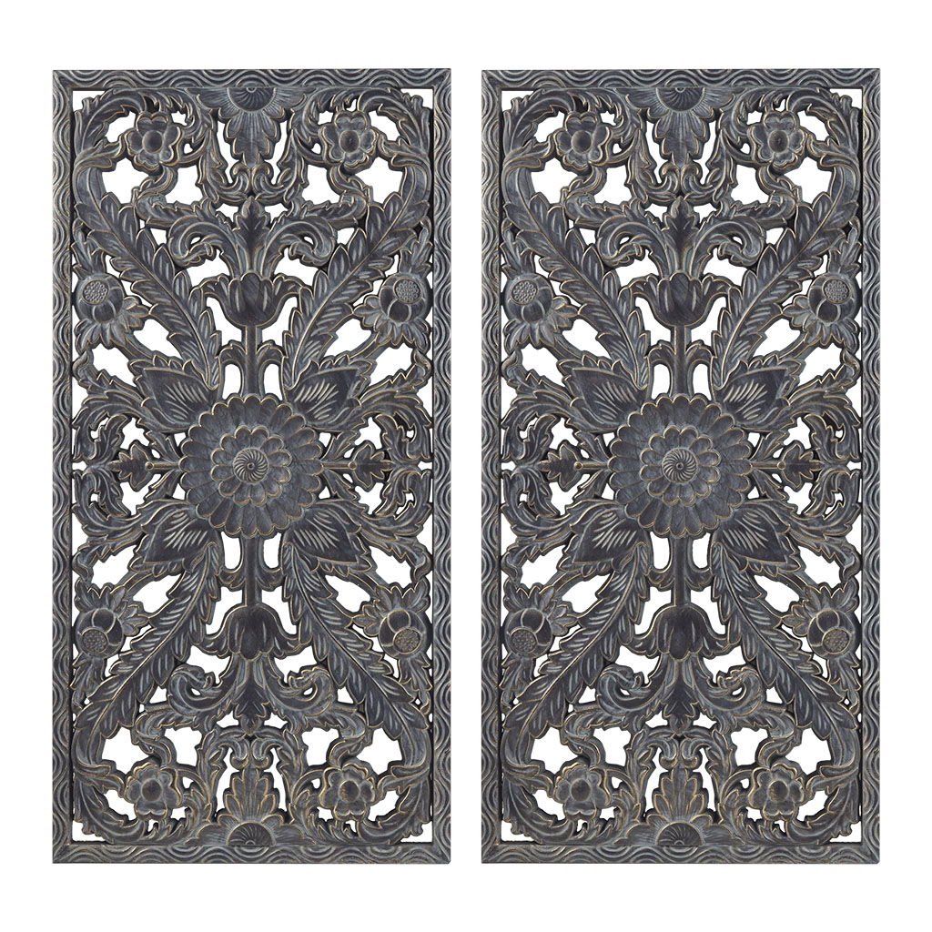 Botanical Panel - Carved Wall Decor (Set of 2) - Antique Blue