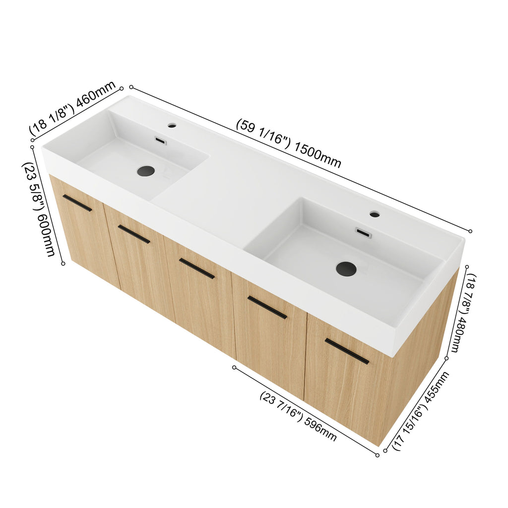 Floating Double Sink Bathroom Vanity With Extra Large Storage, Integrated Sink, Soft Close Doors, Wall Mounted Bath Vanity - Glossy White / Light Oak
