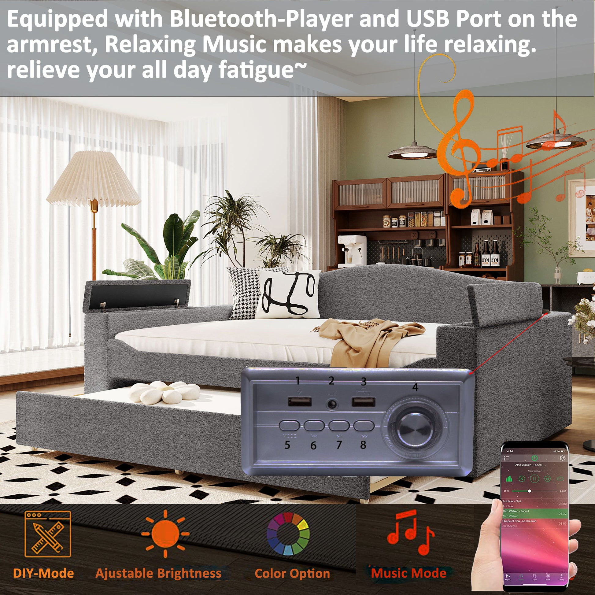 Upholstered Daybed With Storage Armrests, Trundle And Latest Integrated Bluetooth Audio System