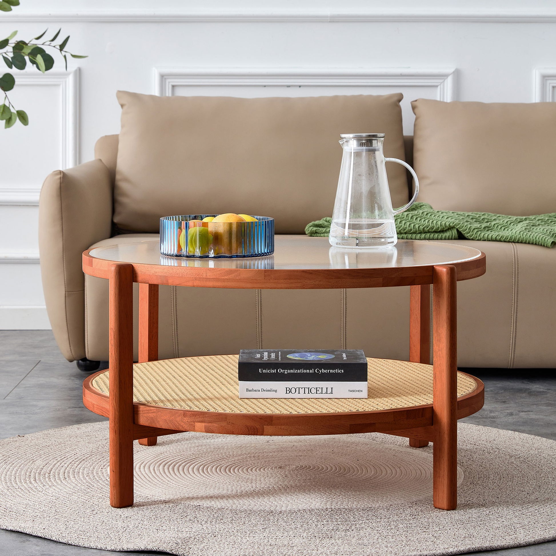 Modern Style Circular Double Layer Tea Table With Rattan Weave